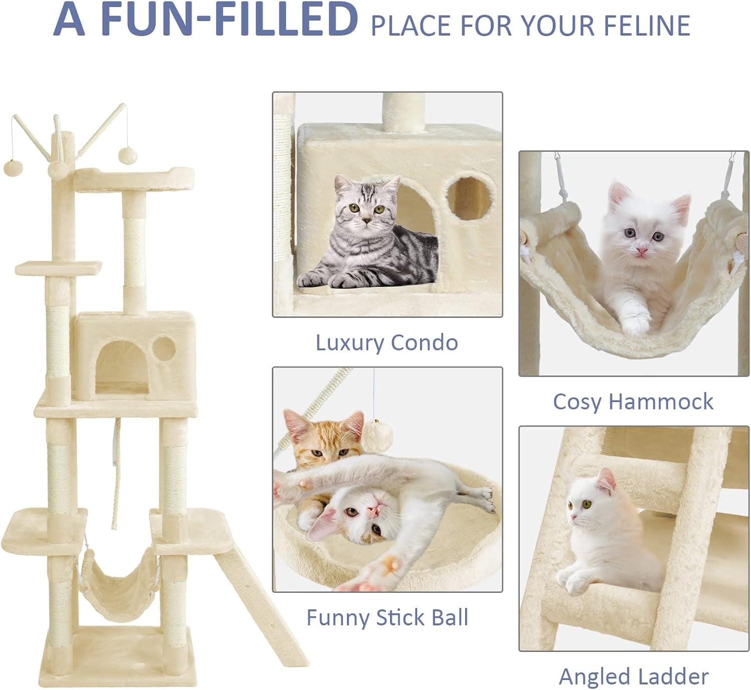 Cat Tree for Indoor Cats, 65.5 Inches Cat Tower with Sisal-Covered Scratching Posts, Top Perch, Ladder and Hammock, Cat Trees and Condos Furniture for Kittens Pet House Play, Beige