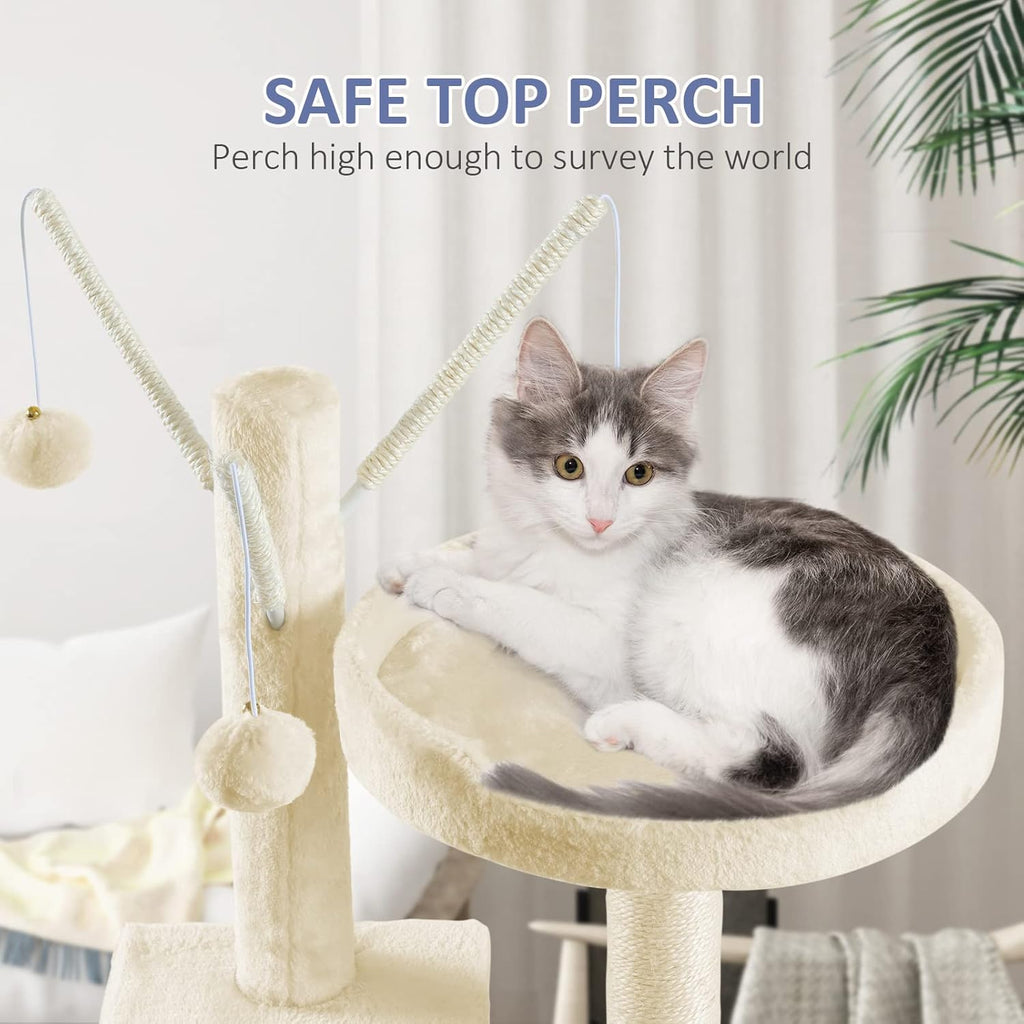 Cat Tree for Indoor Cats, 65.5 Inches Cat Tower with Sisal-Covered Scratching Posts, Top Perch, Ladder and Hammock, Cat Trees and Condos Furniture for Kittens Pet House Play, Beige