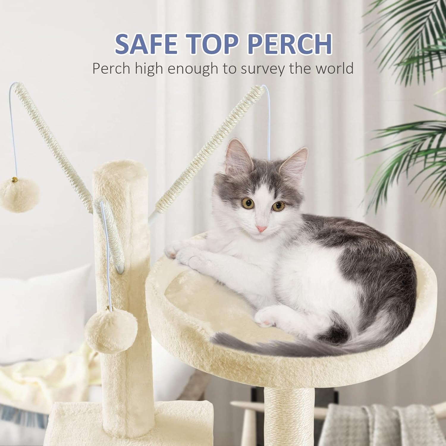 Cat Tree for Indoor Cats, 65.5 Inches Cat Tower with Sisal-Covered Scratching Posts, Top Perch, Ladder and Hammock, Cat Trees and Condos Furniture for Kittens Pet House Play, Beige
