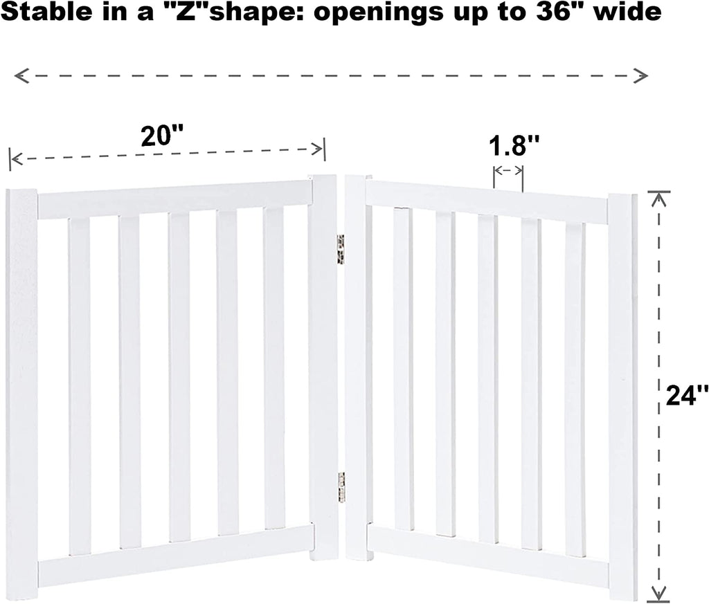 2-Panel Wooden Free Standing Foldable Dog Gate Indoor – Solid Hardwood 24" High, Step-Over Safety Pet Gate for Doorways, Stairs & Small Spaces - Indoor Use, White