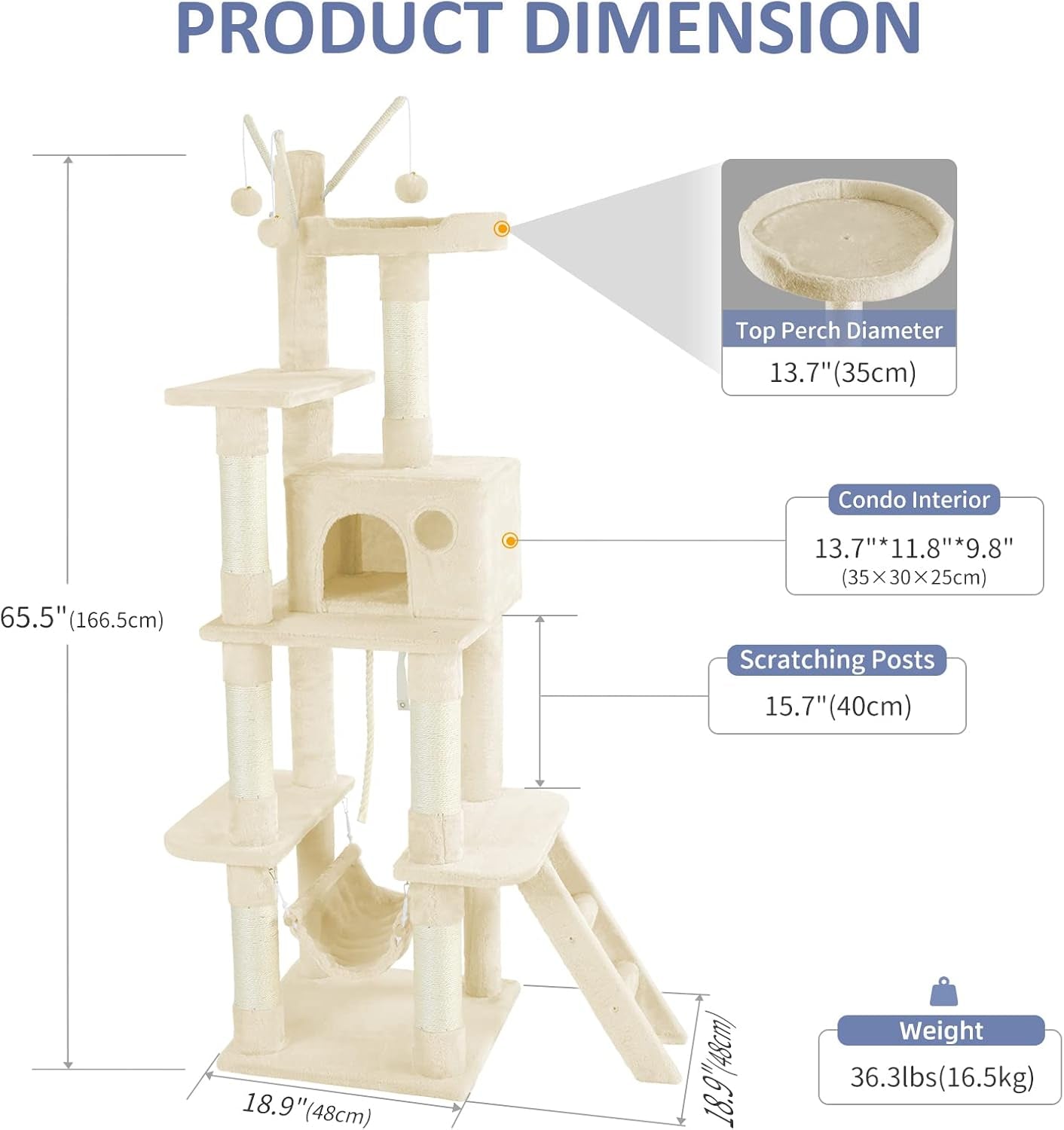 Cat Tree for Indoor Cats, 65.5 Inches Cat Tower with Sisal-Covered Scratching Posts, Top Perch, Ladder and Hammock, Cat Trees and Condos Furniture for Kittens Pet House Play, Beige
