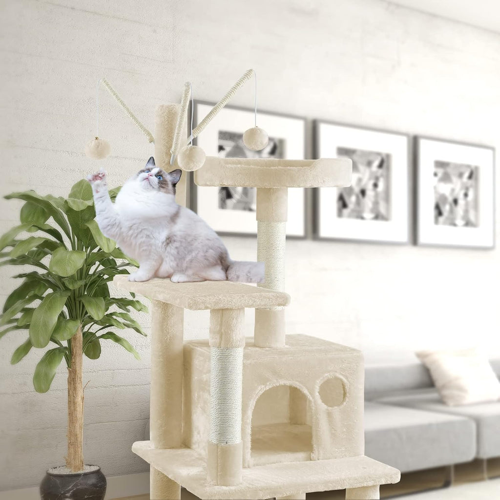 Cat Tree for Indoor Cats, 65.5 Inches Cat Tower with Sisal-Covered Scratching Posts, Top Perch, Ladder and Hammock, Cat Trees and Condos Furniture for Kittens Pet House Play, Beige