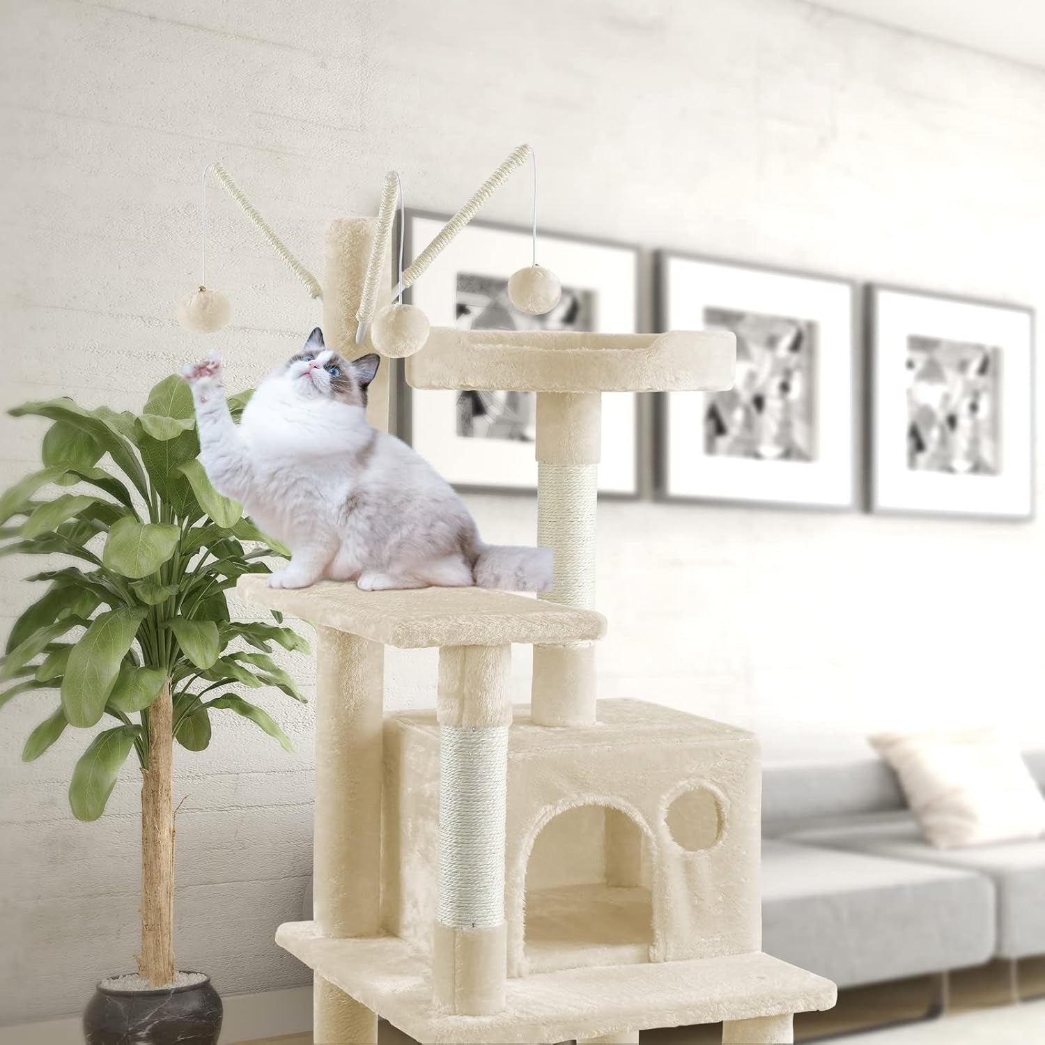Cat Tree for Indoor Cats, 65.5 Inches Cat Tower with Sisal-Covered Scratching Posts, Top Perch, Ladder and Hammock, Cat Trees and Condos Furniture for Kittens Pet House Play, Beige