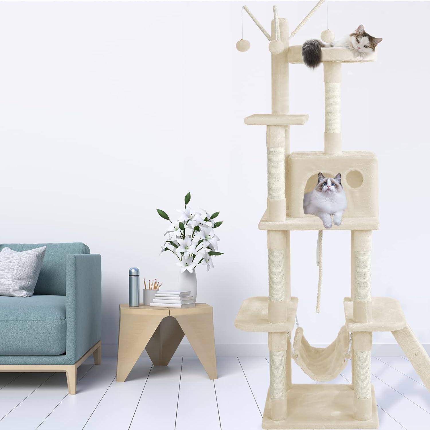 Cat Tree for Indoor Cats, 65.5 Inches Cat Tower with Sisal-Covered Scratching Posts, Top Perch, Ladder and Hammock, Cat Trees and Condos Furniture for Kittens Pet House Play, Beige