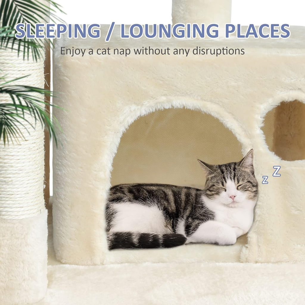Cat Tree for Indoor Cats, 65.5 Inches Cat Tower with Sisal-Covered Scratching Posts, Top Perch, Ladder and Hammock, Cat Trees and Condos Furniture for Kittens Pet House Play, Beige