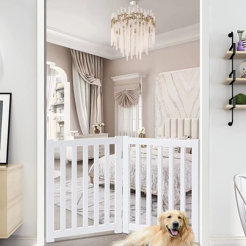 2-Panel Wooden Free Standing Foldable Dog Gate Indoor – Solid Hardwood 24" High, Step-Over Safety Pet Gate for Doorways, Stairs & Small Spaces - Indoor Use, White